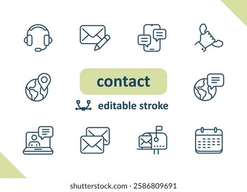 Contact icons. Contact us, social media, message, communication vector icon set