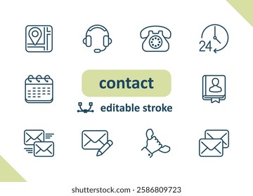 Contact icons. Contact us, social media, message, communication vector icon set