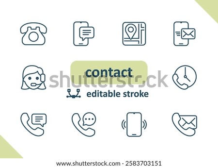 Contact icons. Contact us, social media, message, communication vector icon set