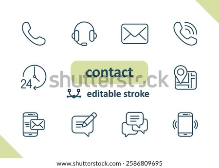 Contact icons. Contact us, social media, message, communication vector icon set