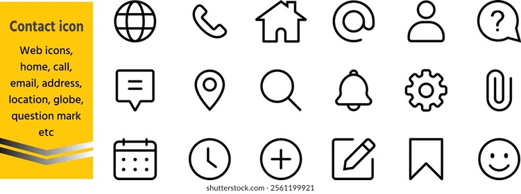 Contact icons. Web icons, home, call, email, address, location, globe, question mark, telephone, website, icon . Communication contact information icon. editable stroke 
