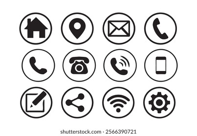 Contact icons. Website set icon vector. for computer and mobile. Wifi,chat, support, message, phone, home, business, Illustration eps 10