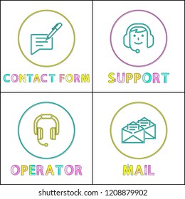 Contact info filling form posters set headlines. Support service of operators wearing headphones and microphones getting mails vector illustration