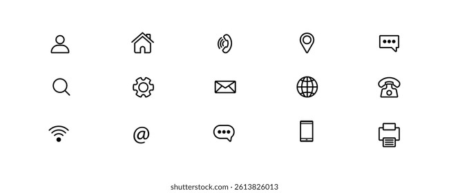 Contact info icon set for business card, Contact, Home, Call, Location, Email, Web, Message, Fax sign in simple line art style, Business Icon symbol vector illustration.