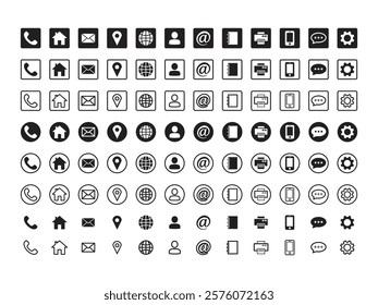 contact info icon set- phone, call, home, mail, location, pin, globe, user, fax, notebook, mobile, chat, settings, gear, transparent png for business cards, cvs, circle and square thin line style