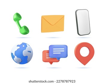 Contact information 3D icons, vector for business card and website. Communication icon set. Phone, email and location pin with globe, speaking bubble, chat icons set 3D render isolated on white