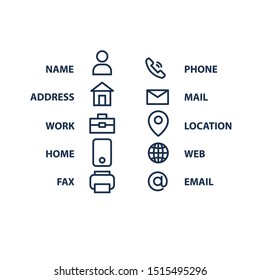 Contact information bold line icons for business card on white bcakground