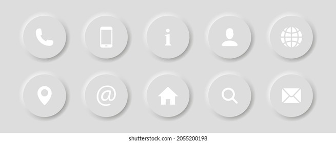 Contact information buttons set in neomorphism design style with shadow. 3d contact us signs or symbols collection. Neomorphic trendy designs element isolated on white background. Vector illustration.