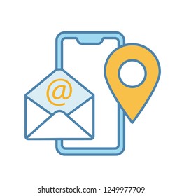 Contact information color icon. Phone, email, location. Contact us. Communication. Smartphone, envelope, pinpoint. Isolated vector illustration