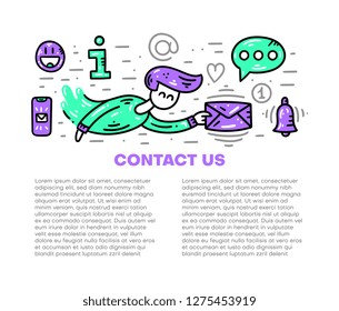 Contact information, communication and support. Banner template. Flat line clipart collection. Vector illustration. Postman concept
