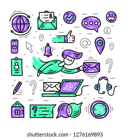 Contact information, communication and support. Banner template. Flat line clipart colletion. Vector illustration. Hand drawn icons