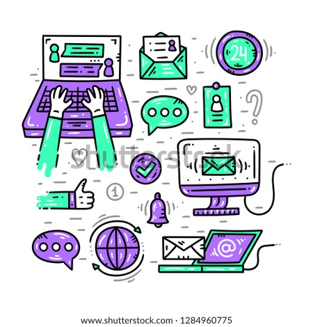 Contact information, communication and support. Banner template. Flat line clipart collection. Doodle style elements