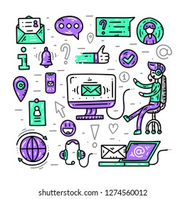 Contact information, communication and support. Website banner template. Flat line clipart set. Vector illustration. Square e-mail concept
