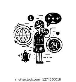 Contact information, communication and support. Website banner template. Flat line clipart set. Vector illustration. Black and white adviser concept