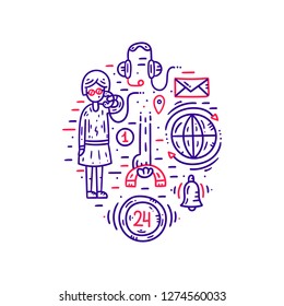 Contact information, communication and support. Website banner template. Flat line clipart set. Vector illustration. Line adviser concept