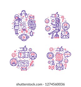 Contact information, communication and support. Website banner template. Flat line clipart set. Vector illustration. Line contact concept collection