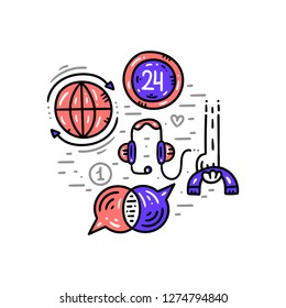 Contact information, communication and support. Website banner template. Flat line clipart set. Vector illustration. 24 hours support concept