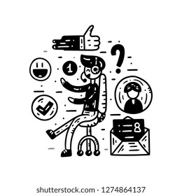Contact information, communication and support. Website banner template. Flat line clipart set. Vector illustration. Black and white adviser concept