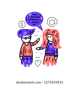 Contact information, communication and support. Website banner template. Flat line clipart set. Vector illustration. Hand drawn dialogue art