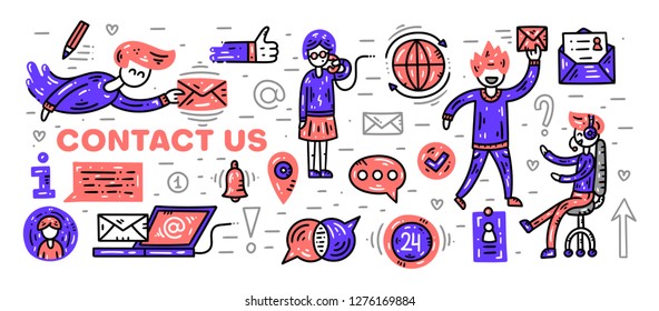 Contact information, communication and support. Website banner template. Flat line clipart set. Vector illustration. Doodle style hand drawn icons.
