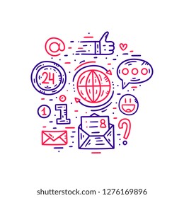 Contact information, communication and support. Website banner template. Flat line clipart set. Vector illustration. Hand draw infographic concept
