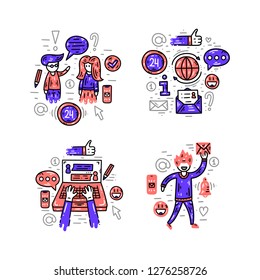 Contact information, communication and support. Website banner template. Flat line clipart set. Vector illustration. Hero image template collection