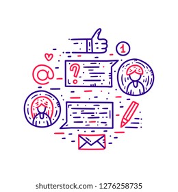 Contact information, communication and support. Website banner template. Flat line clipart set. Vector illustration. Line chat concept