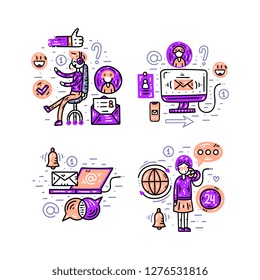 Contact information, communication and support. Website banner template. Flat line clipart set. Vector illustration. Connection concept