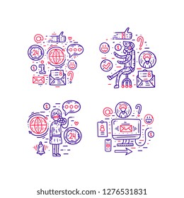Contact information, communication and support. Website banner template. Flat line clipart set. Vector illustration. Contact badge collection