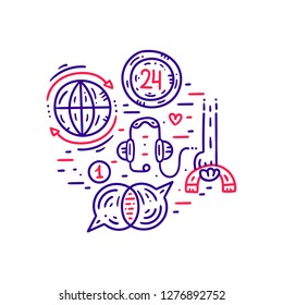 Contact information, communication and support. Website banner template. Flat line clipart set. Vector illustration. Hand drawn contact concept