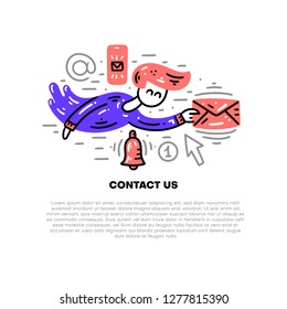 Contact information, communication and support. Website banner template. Flat line clipart set. Vector illustration. Happy postman concept