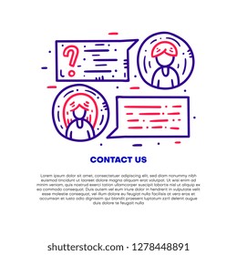 Contact information, communication and support. Website banner template. Flat line clipart set. Vector illustration. Line chat banner