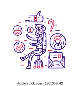 Contact information, communication and support. Website banner template. Flat line clipart set. Vector illustration. Hand drawn adviser concept