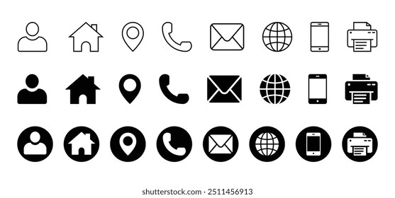 contact information icon set for business card and website. simple icons containing name, address, phone, email, website, fax. transparent png and vector illustration.