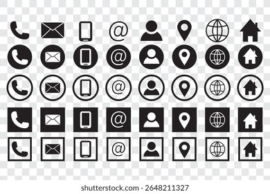 Conjunto de iconos de información de contacto en estilo de línea. Tarjeta de visita, hogar, teléfono, Locación, Dirección, Sitio web, correo, fax, símbolo de estilo negro simple de usuario para App y Sitio web, Ilustración vectorial.