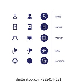 contact information icon set, name, phone , website, mail, location