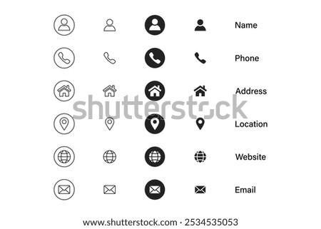 Contact Information Icon Set – Name, Phone, Address, Location, Website, Email Icons for Business Cards and Web Design