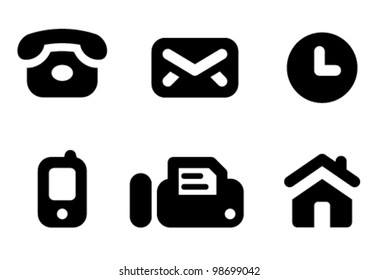 Contact information icon set: phone, mail, work time, mobile, fax and website. Aligned according to pixel grid. Specially for Web and small-sizes