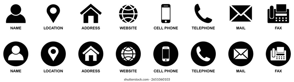 Contact information icons for business card on white background. Contact icons for office use. Black and white contact icons. Business contact detail symbols. Vector illustration