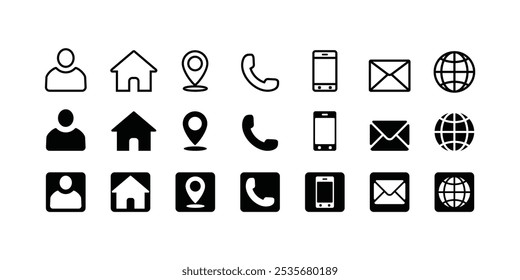 contact information icons containing name, location, phone, email and web address symbol