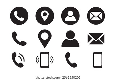 Contact information icons containing, Name, phone, mobile, place, location, mail, address, website and message card sign.