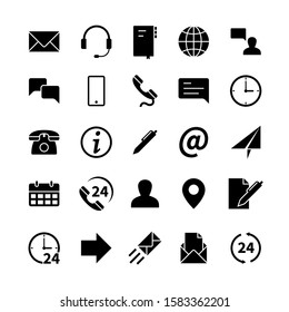 Contact information icons. Modern simple symbols of email, phone and address location, support communication web mobile vector black pointer and sign set