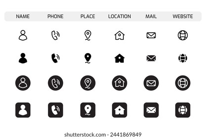 Contact Information Icons Set, Editable Stroke. Name, Phone, Place, Location, Mail, Website.
