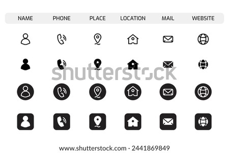 Contact Information Icons Set, Editable Stroke. Name, Phone, Place, Location, Mail, Website.
