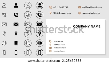 Contact Information Icons Set. Empty Business Card Template. Address, Mobile Phone, Location, Name, Mail, Website Icons Set. Blank White Business Card Layout. Isolated Vector Illustration.