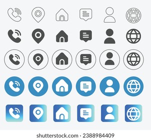 Contact Information Icons Set isolated on white background. 5 style vector illustration icons set Eps 10 format.