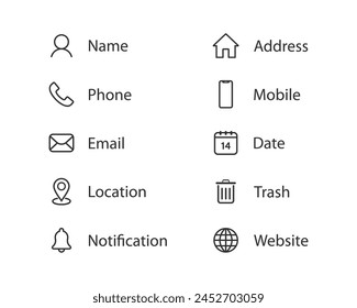 Contact information icons. Set contact us icon simple line style. Website icon set, Web icon Set.