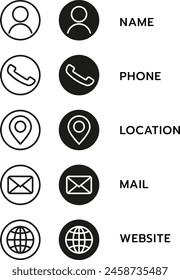 Contact information icons such as names Calls, emails, letters, location, websites