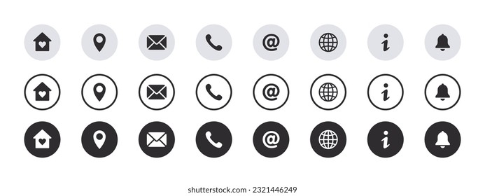 Contact information icons. Contact us icons set in different types. Vector scalable graphics