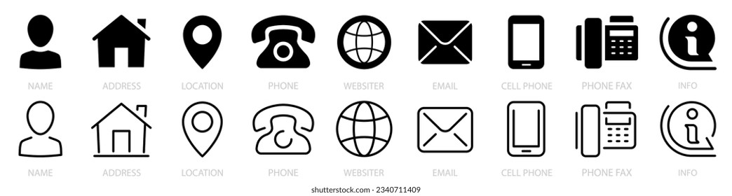 Kontaktieren Sie die Icons der Informationen. Web-Icon-Set. Visitenkarten- und Website-Icon-Set. Vektorgrafik